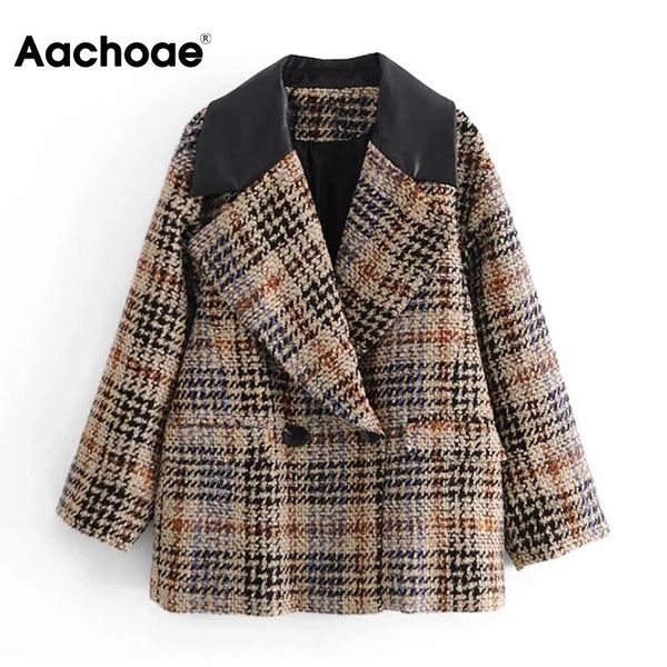 

aachoae chic plaid patchwork blazer women double breasted elegant coat outwear notched neck lady fashion blazer suit femme veste, White;black