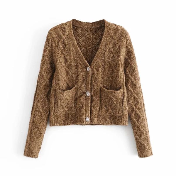 

2021 new brown argyle cropped knitted women long sleeve winter sweater woman v neck pockets vintage cardigan xyde, White;black