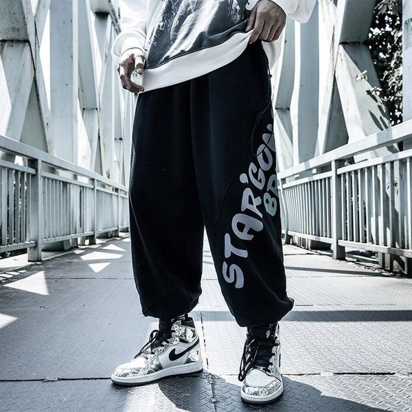 

autumn, hip-hop beam pin who pants men's original letter printing sweatpants tide loose cargo pants, Black