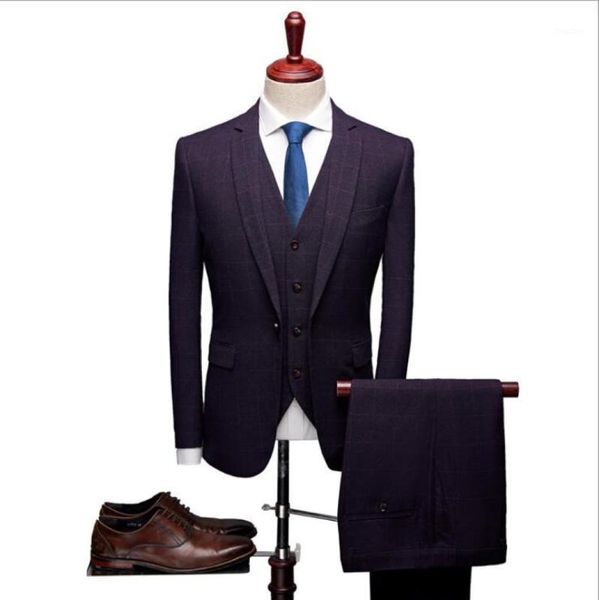

new mens plaid suit three-piece male korean slim business casual groom wedding suit1, White;black