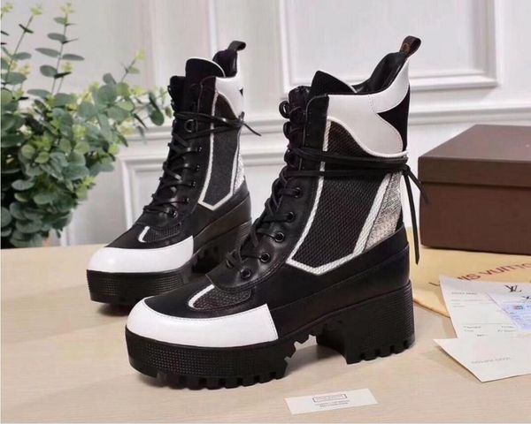 

luxury new designer womens cowhide color matching mesh rubber waterproof high elastic non-slip classic thick heel thick-soled mid-tube, Black