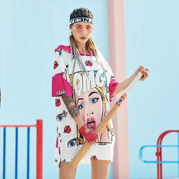 

long t shirt dress oversize women harajuku print head letters omg hooded summer 2020 irregular pink short sleeve tshirt, White
