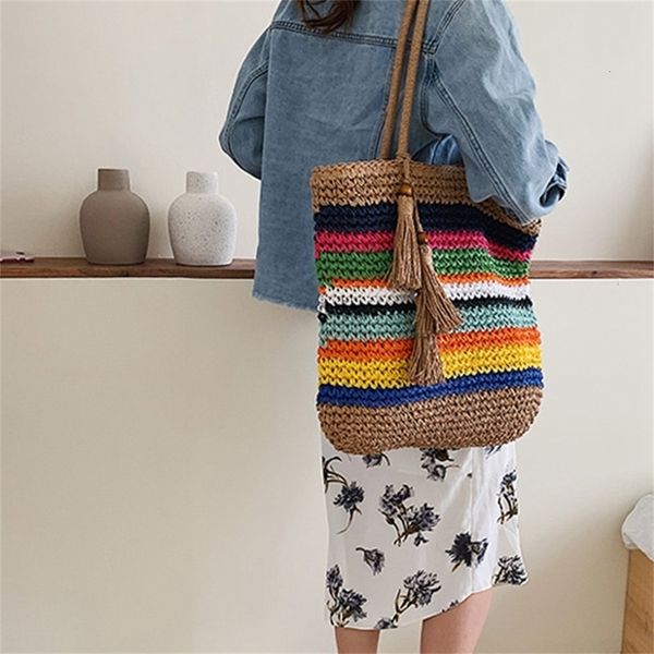 

female shopping bag large capacity tassel tote bag rainbow beach shoulder bag fashion woven handbag