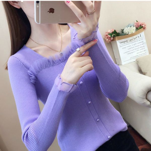 

2021 new spring retro turtleneck long-sleeve thin-sleeve shirt fitting sweater knitted or crocheted interior of women lace superior kd35, White;black