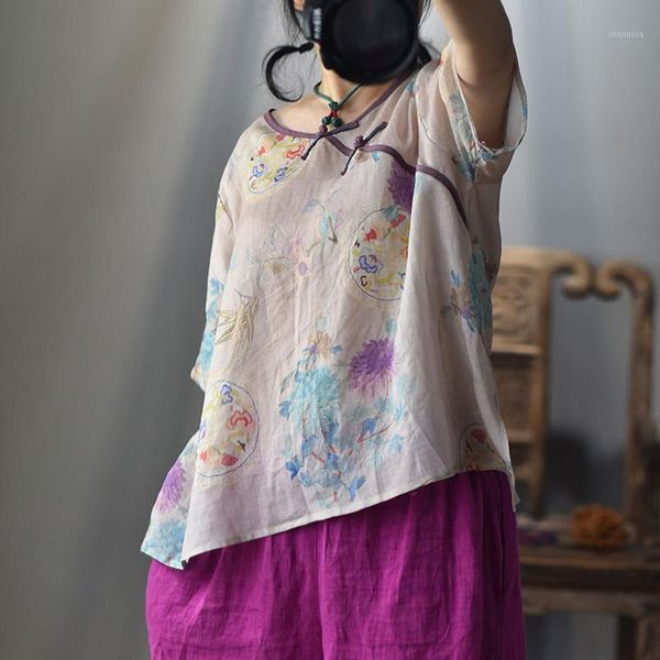 

johnature women vintage print floral shirts and 2020 summer new o-neck short sleeve female shirts and 1, White