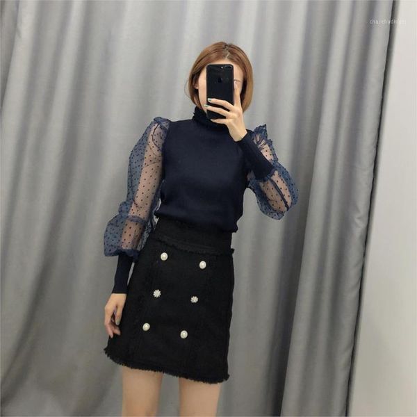 

foridol tulle puff sleeve blouse women knitted turtleneck blouses shirts transparent office blue blusas ladies pullovers1, White