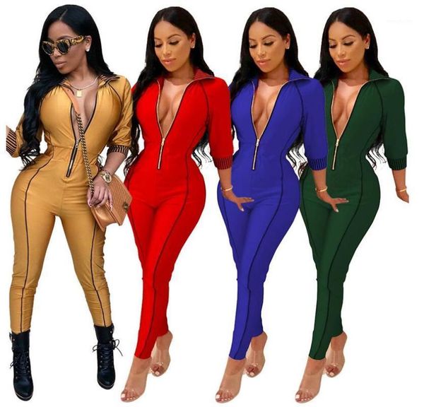 

autumn solid front zippers jumpsuit three quarter sleeve ladies club party overalls outfits deep v vintage hight street1, Black;white