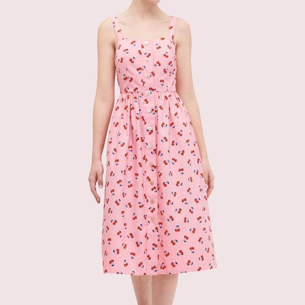 

2020 new cherry print womens midi dress lady sling single breasted pink slim dresses pleated spaghetti strap sundress holiday1, Black;gray
