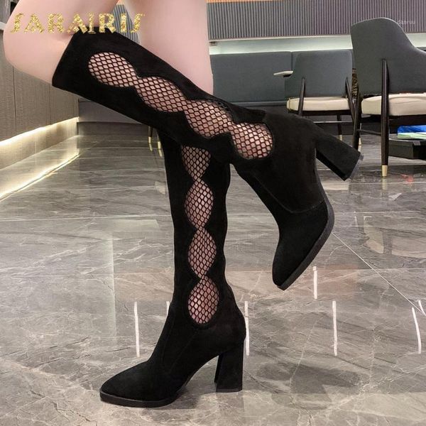 

boots sarairis 2021 fashion knee high women's concise hollow zipper block heels riding tide shoes woman1, Black