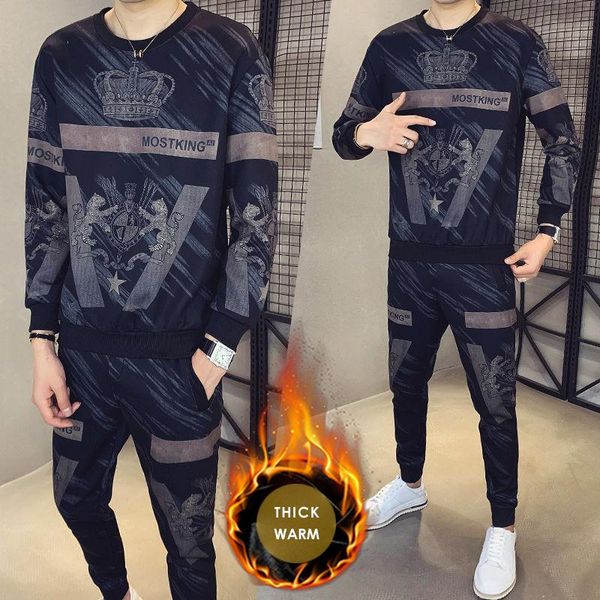 

thick warm winter tracksuit digital printing pullover long sleeve loose plus velvet sweat suit two piece set men, Gray