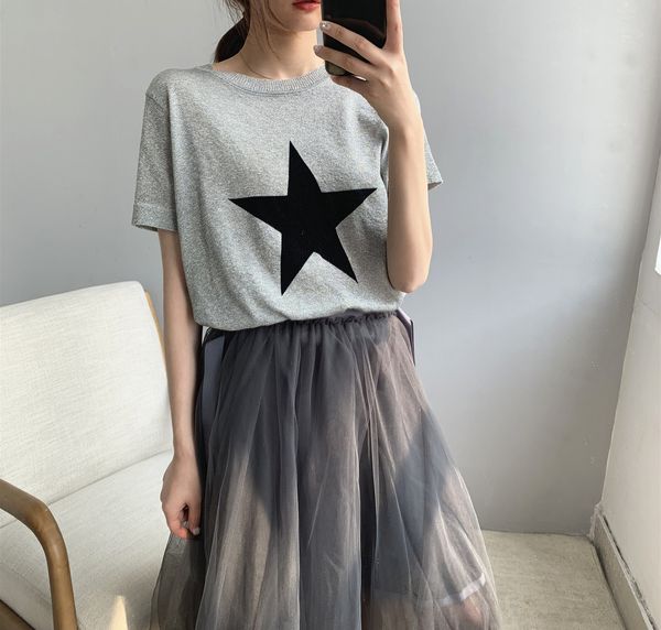 

2021 new knitted o-neck casual shirts short sleeve star pattern t shirt harajuku for women summer tees mvsa, White