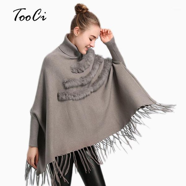 

spring new female gray fur poncho pullover lady fashion loose high collar bat sleeves tassel sweater cloak shawl1, Black
