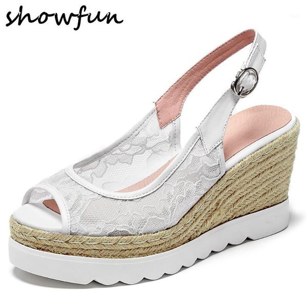 

women's genuine leather bordered lace patchwork wedge platform sandals open toe summer elegant ladies high heel dress pumps shoe1, Black