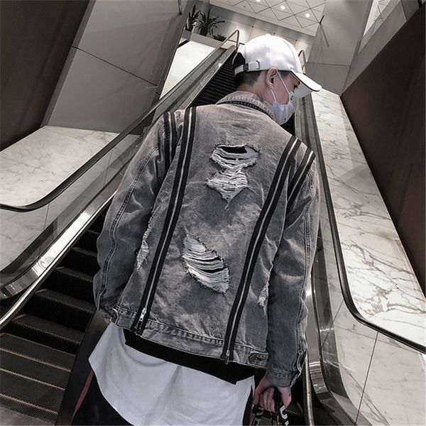 

behind summer new men many hole high street jeans jacket zsm7, Black;brown