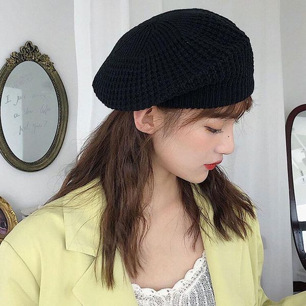 

autumn female knitted beret japanese soft sister cute british hats painter art ladies sweet color caps winter new, Blue;gray