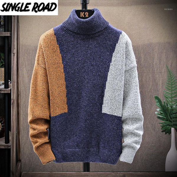

singleroad mens turtleneck sweater men 2020 winter patchwork jumper high collar harajuku sweaters korean casual blue sweater men1, White;black