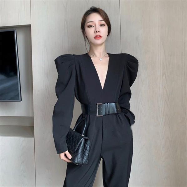 

new women high waist black jumpsuit overalls fashion puff long sleeve v neck elegant bodysuit belted slim work pants romper, Black;white
