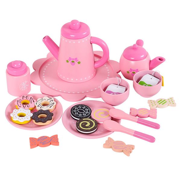 Cozinha infantil de madeira Simulação Tarde Tarde Grande Bloco de Chá De Chá Girl Girl Play House Toy Set Brinquedos Para Meninas LJ201009