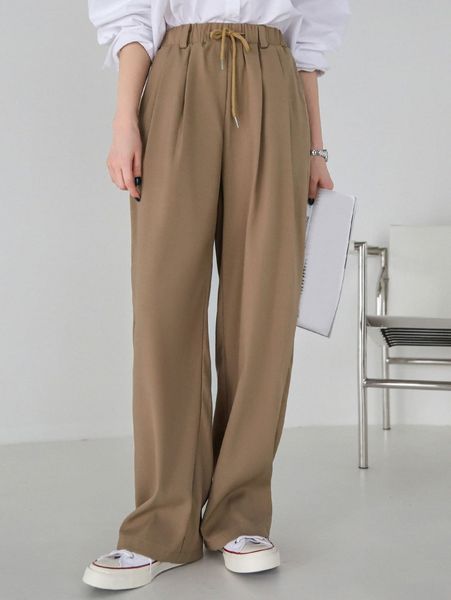 

dazy drawstring waist plicated detail pants t27x#, Black;white