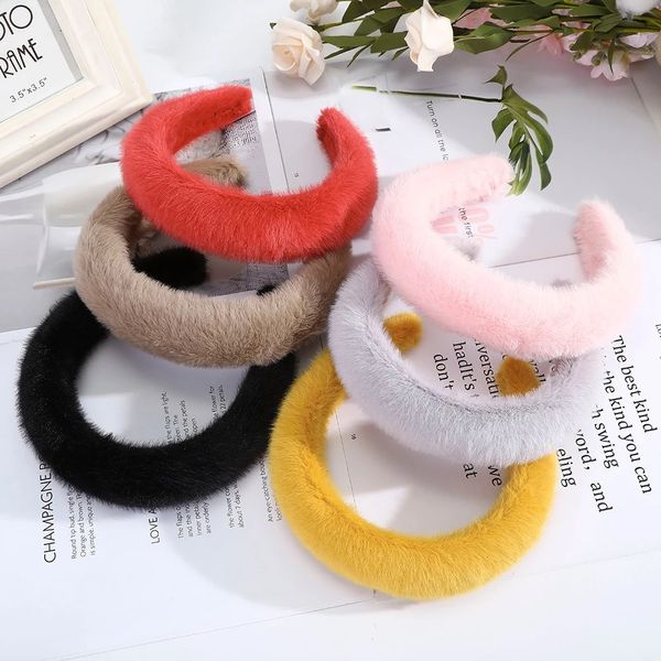 Doces cores Man Made Rabbit Fur Hairbands Inverno Grande Plush Headbands para as Mulheres Cabelo Hoop moldura Faixa de Cabelo Acessórios