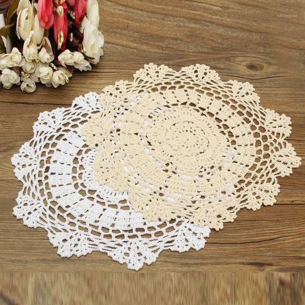 

mats & pads wholesale- 2 colors 30cm pastoral round hand crocheted cotton doilies flower shape placemat coasters table decorative gadgets ho