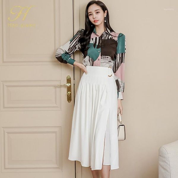 

h han queen autumn 2 pieces set women print shirts blouses and high waist split a-line mid skirts korean chic office lady suit1, White