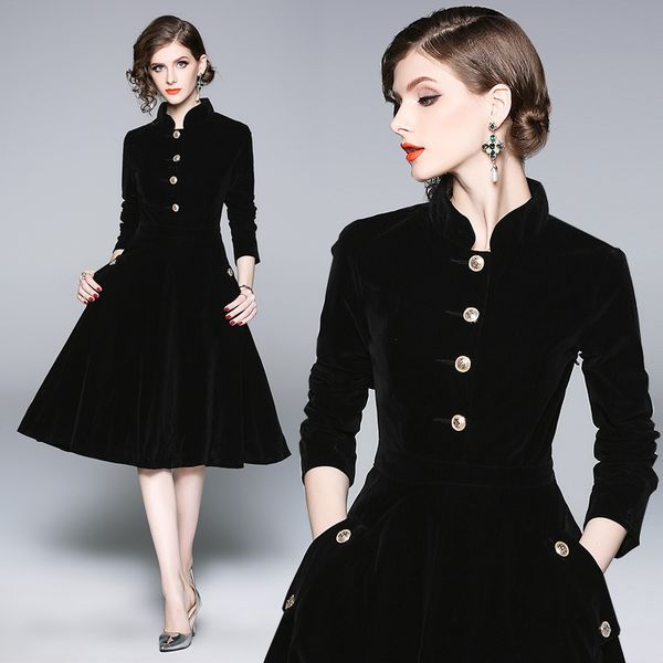 

stand collar velvet dress 201126, Black;gray