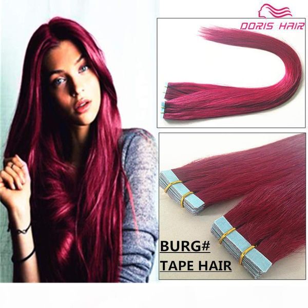 

50% off dhl # burg tape hair extensions 7a remy hair 40pcs lot tangle indian mongolian burgundy tape in human hair extension, Black