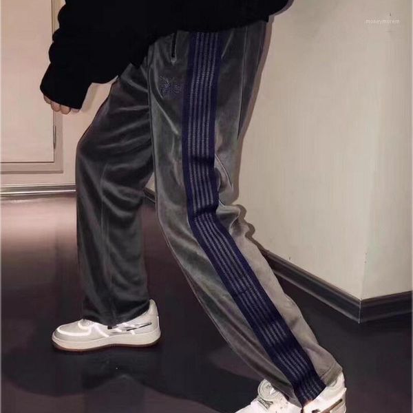 

men's pants casual fashion awge needles sweatpants ribbon striped velvet butterfly embroidery joggers quality sweatpants1, Black