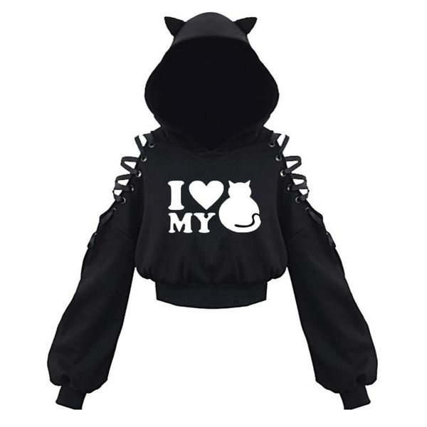 

harajuku sweatshirt women punk gothic hoodie autumn winter plus velvet hollow out lace up long sleeve cute cat ear hoodies, Black