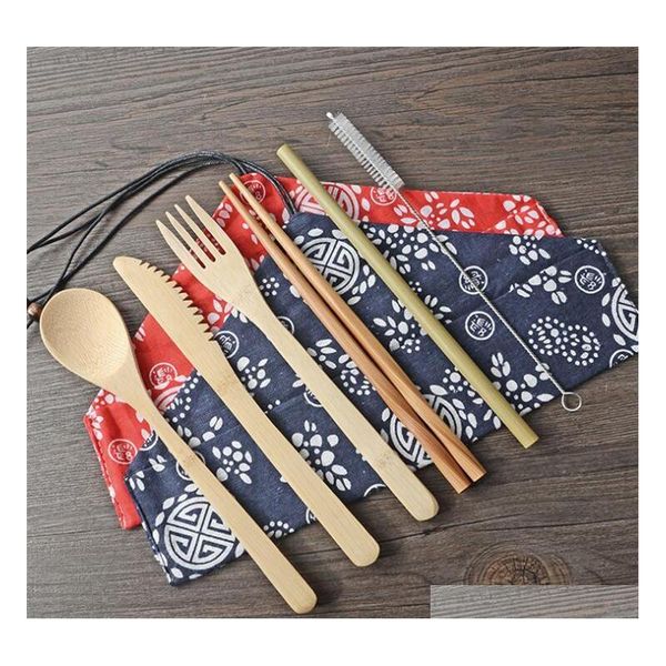 

6 designs bamboo flatware set 7pcs/set portable cutlery set with cloth bag dinnerware set knife fork spoon chopstick qylhcn pets2010