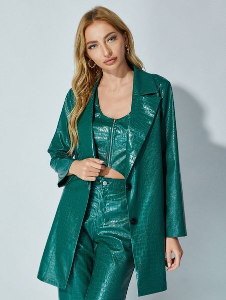 

lapel collar crocodile embossed pu leather blazer w6pd#, White;black