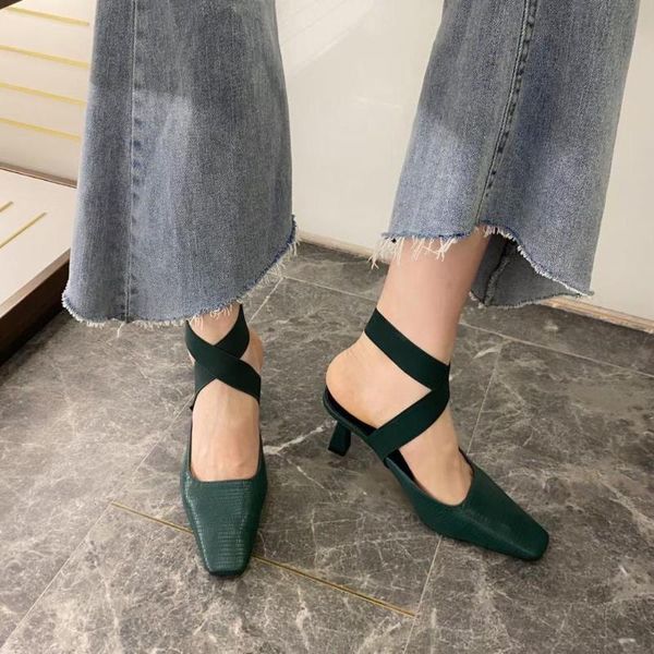 

fashion women sandals square toe elastic band solid color green shoes thin high heels pumps summer dress shoes woman size 35-39, Black