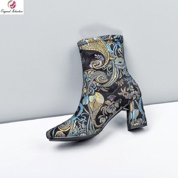 

autumn winter women boots square ankle heels boots slip on footwear stretch fabric print women ankle big size 33-43, Black