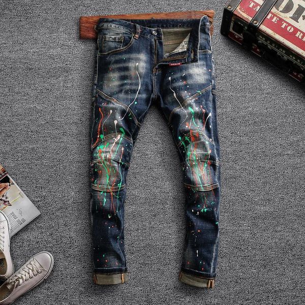 

american streetwear fashion men jeans elastic slim fit spliced designer painted denim hip hop trousers biker pants1, Blue