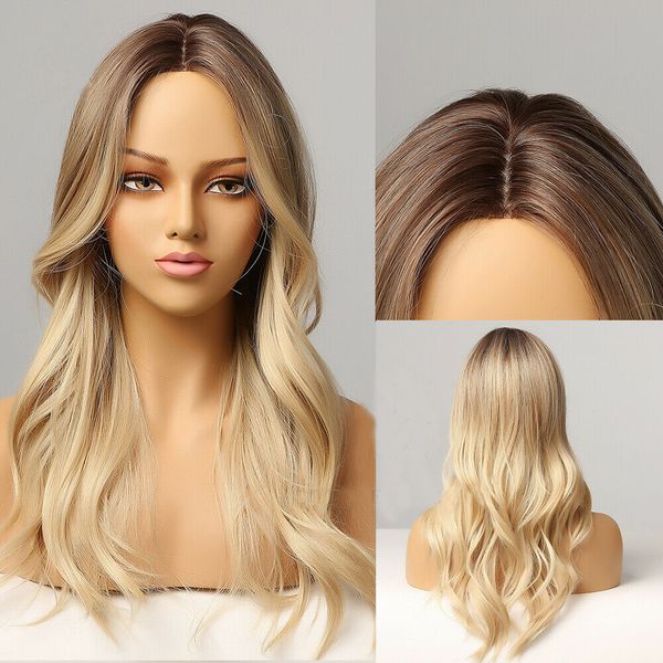 

brown to blonde ombre hairline wigs for women long wavy synthetic hair, Black