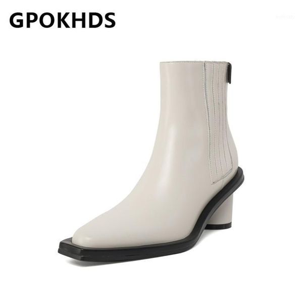 

gpokhds 2021 women ankle boots cow leather winter short plush square toe zipper mixed colors high heels female boots size 401, Black