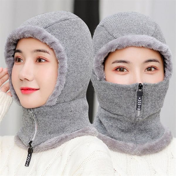

women winter knitted hat new add fur lined warm winter hats for women with zipper keep face and ear warmer balaclava cap 201215, Blue;gray