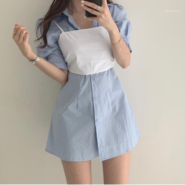 

women two piece set korean style elegant turn down collar single breasted shirt blouse and spaghetti strap tank 2 piece set1, White