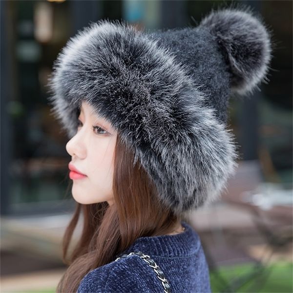 Mode Frauen Beanies Pom Hüte Kaninchen Gestrickte Skullies Kappe Elegante Damen Winter Dicke Warme Russische Kosaken Hut Y201024