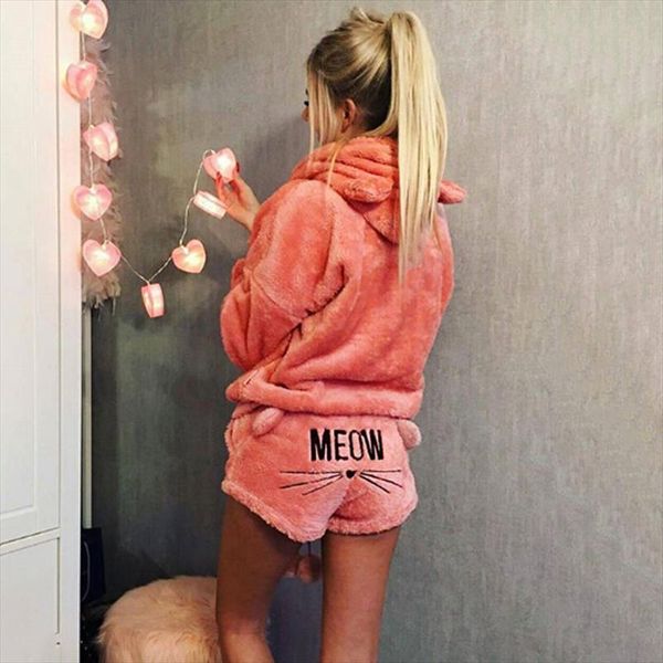 

женщины пижама наборы осень зима фланель мультфильм теплые пижамы животных пижамы кошка милая женская мода девушки домашняя одежда, Gray