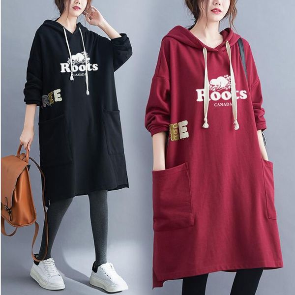

plus size women's autumn and winter new women's hoodies & sweatshirts letter printing loose big pockets hooded long-sleeved dress, Black