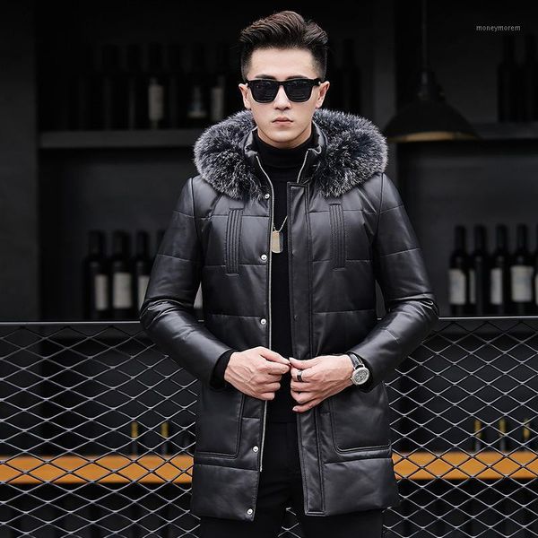 

men's leather & faux men's jacket long head layer sheepskin detachable cap collars youth fashion winter coat1, Black