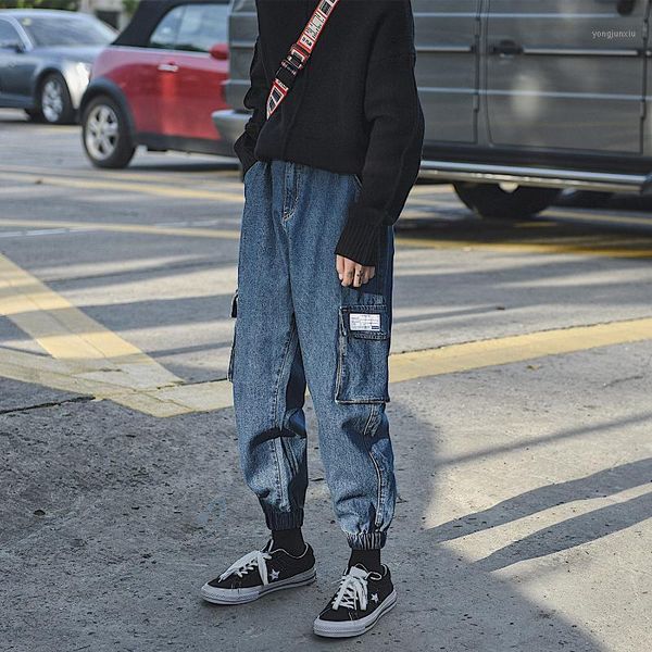 

men high street fashion hip hop loose cargo jeans denim harem pant male casual trousers streetwear joggers sweatpants1, Blue
