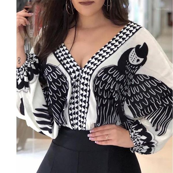 

women bird printed plunge v-neck lace up backless print puff sleeve blouse spring fall streetwear casual shirt1, White