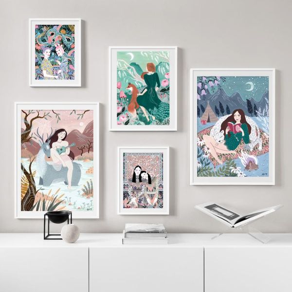 

girl deer mountain forest abstract wall art canvas painting nordic posters prints wall pictures for living room home decor