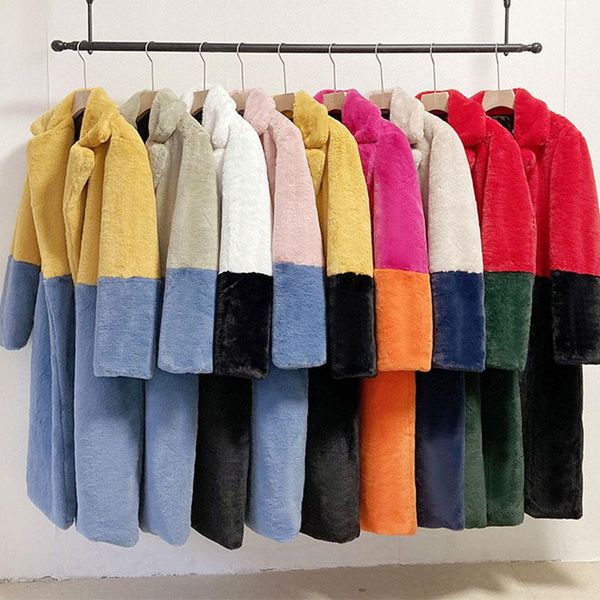 

women's fur & faux jacket parka winter clothing women hairy long coat lapel overcoat thick warm plus size female plush coats, Black