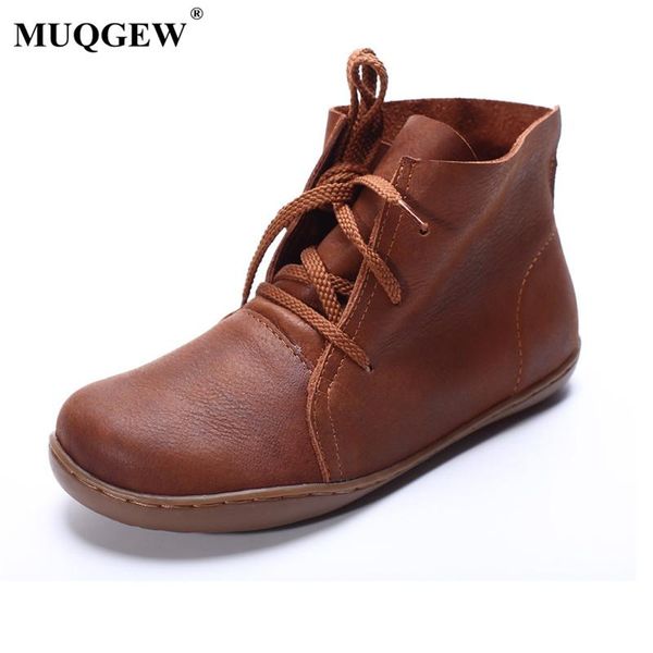 

boots retro high-qualit women ankle plus size 35-42 hand-made genuine leather woman round toe lace up shoe female footwear, Black