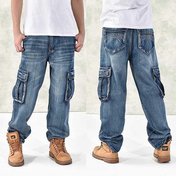 

new large size jeans fashion loose big pockets hip-hop casual men jeans wide leg1, Blue