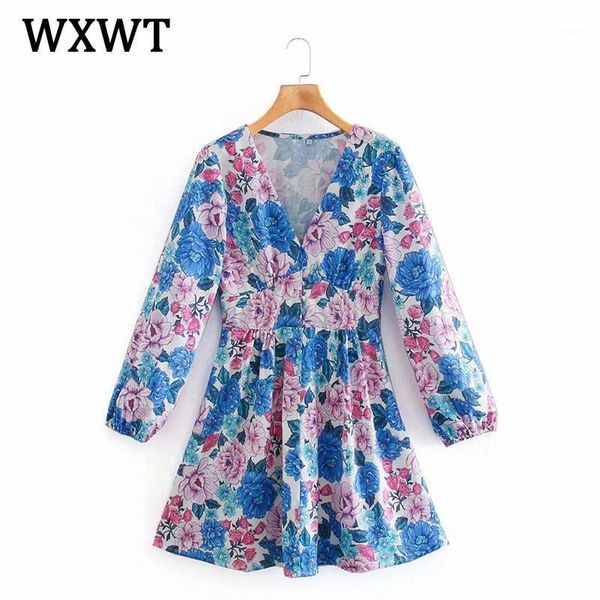 

wxwt new flowers digital print v neck long sleeve slim women dress autumn female sweet temperament goddess dress ldsd20011, Black;gray